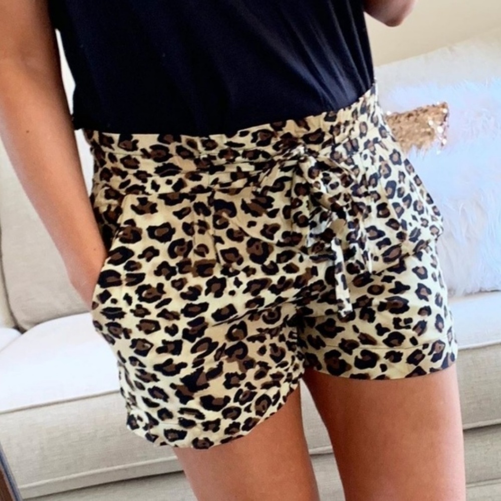 ANIMAL LEOPARD PRINT TIE FRONT SHORTS BROWN BLACK - Picture 2 of 4